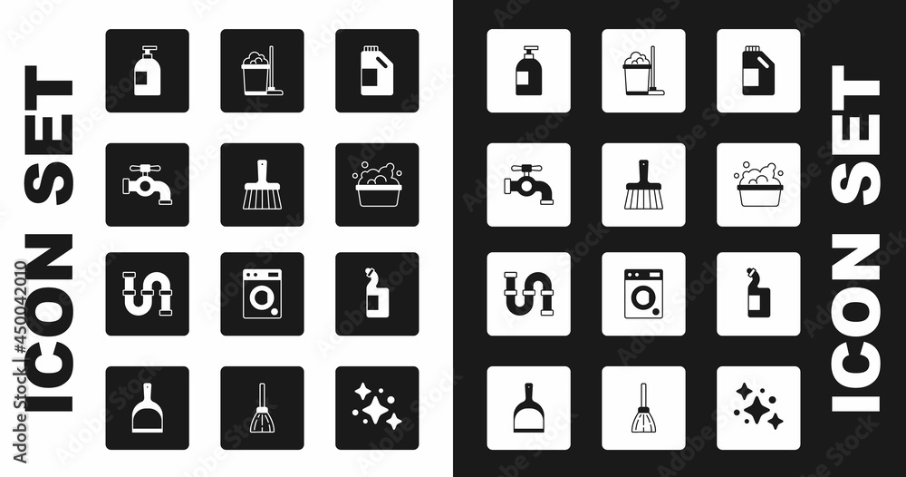 Set Bottle for cleaning agent, Handle broom, Water tap, Dishwashing liquid bottle, Basin with soap suds, Mop bucket, and Industry metallic pipe icon. Vector Set Bottle for cleaning agent, Handle broom, Water tap, Dishwashing liquid bottle, Basin with soap suds, Mop bucket, and Industry metallic pipe icon. Vector
