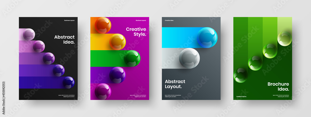 Colorful handbill A4 design vector concept set. Fresh 3D balls annual report layout collection.