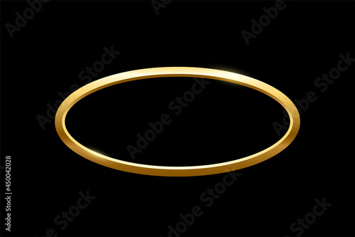 Gold oval frame for picture on black background. Blank space for picture, painting, card or photo. 3d realistic modern template vector illustration. Simple golden object mockup photo