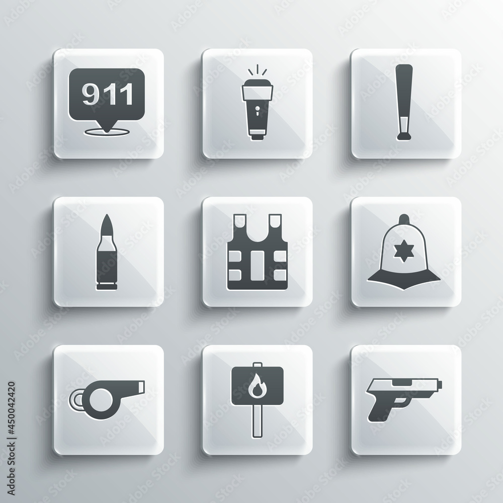 Set Protest, Pistol or gun, British police helmet, Bulletproof vest, Whistle, Telephone call 911 and Baseball bat icon. Vector Set Protest, Pistol or gun, British police helmet, Bulletproof vest, Whistle, Telephone call 911 and Baseball bat icon. Vector