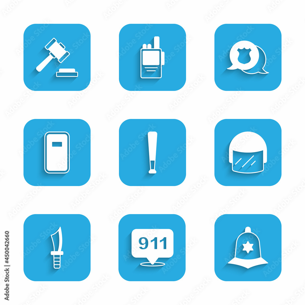 Set Baseball bat, Telephone call 911, British police helmet, Police, Military knife, assault shield, badge and Judge gavel icon. Vector Set Baseball bat, Telephone call 911, British police helmet, Police, Military knife, assault shield, badge and Judge gavel icon. Vector