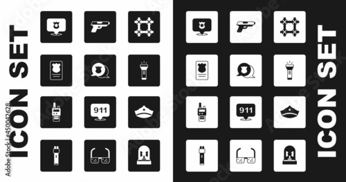 Set Prison window, Police badge, with id case, Flashlight, Pistol or gun, cap cockade and Walkie talkie icon. Vector