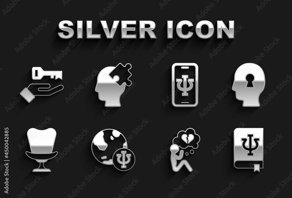Set Psychology, Psi, Solution to the problem, book,, Broken heart or divorce, Armchair, Psychologist online, and icon. Vector Set Psychology, Psi, Solution to the problem, book,, Broken heart or divorce, Armchair, Psychologist online, and icon. Vector