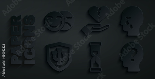 Set Old hourglass, Man graves funeral sorrow, Psychology, Psi, Head with question mark, Broken heart divorce and Comedy and tragedy masks icon. Vector © Kostiantyn