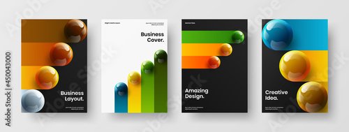 Multicolored presentation design vector layout collection. Amazing realistic balls leaflet template bundle.