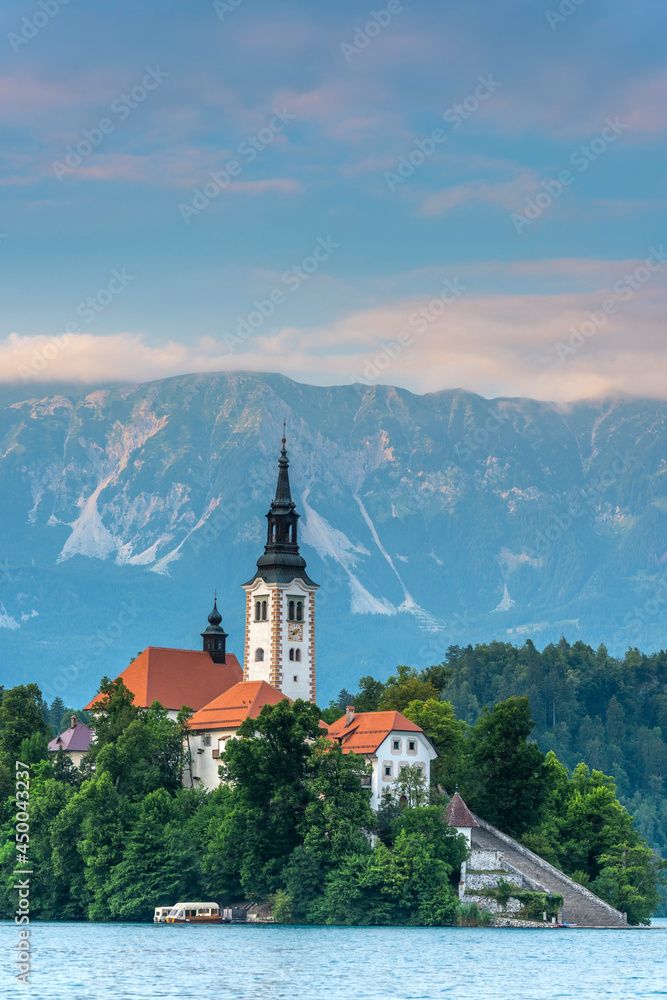 Romantic Bled Lake with Assumption Church on Island at Summer in Slovenia