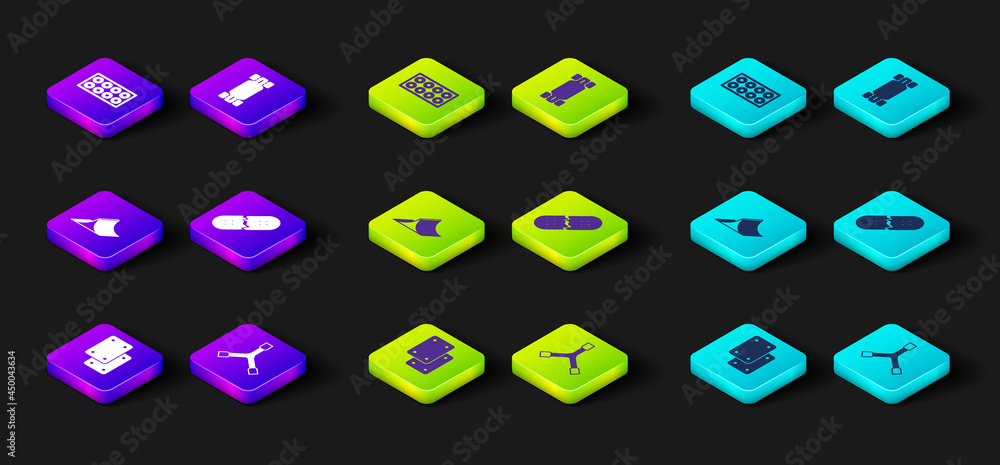 Set Knee pads, Skateboard Y-tool, park, Broken skateboard deck, Longboard or and wheel icon. Vector Set Knee pads, Skateboard Y-tool, park, Broken skateboard deck, Longboard or and wheel icon. Vector