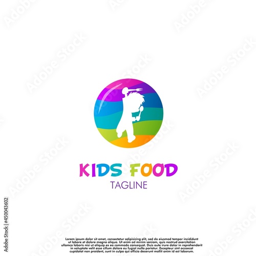 kids food logo design, kids logo holding a spoon and fork, kids jumping in a circle vector, Graphic, modern, element