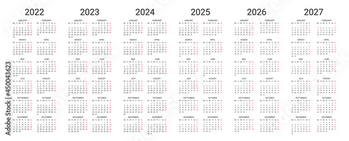 Simple english calendar 2022, 2023, 2024, 2025, 2026, 2027 on white background. Vector illustration. Week starts on Monday. Vector illustration.