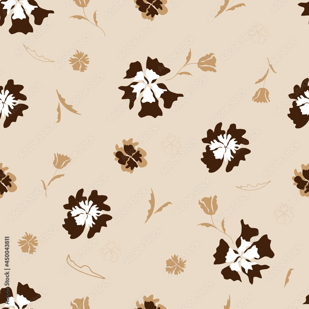 seamless pattern with flowers in brown, white colors. For textile, wallpaper,gift paper.