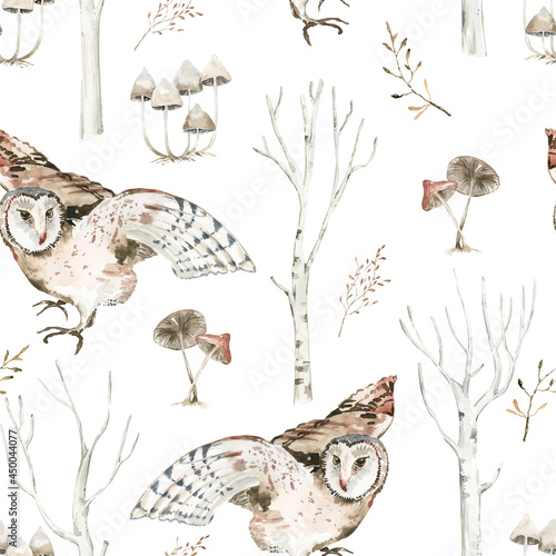 Woodland birds seamless pattern for fabric, Watercolor forest birdsseamless digital paper, Owls and eagles repeat pattern for nursery decor, textile, wrapping paper photo