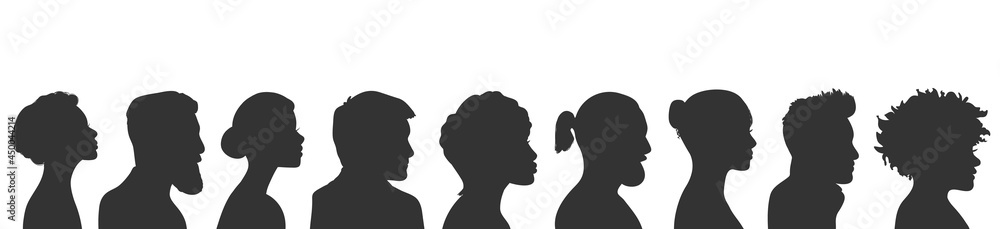 Silhouette heads profile of men and women flat style vector illustration isolated on white background