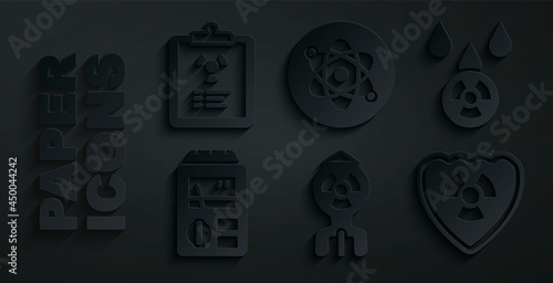 Set Nuclear bomb, Acid rain and radioactive cloud, Dosimeter, Radioactive shield, Atom and Radiation warning document icon. Vector