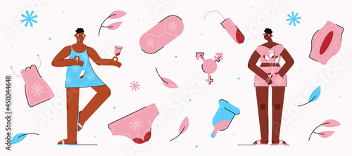 People who menstruate. Set with accessories for menstruation with two African-American transgender people drawn in pink and blue tones.