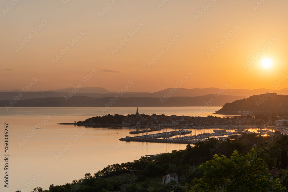 Sunrise over Izola Town and Harbour in Slovenia Adriatic Sea and Istria Coast Sunrise over Izola Town and Harbour in Slovenia Adriatic Sea and Istria Coast