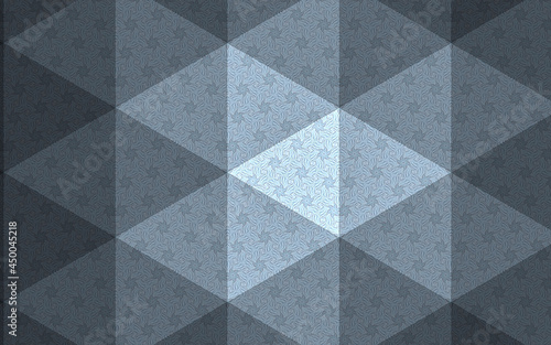 background from a repeating kaleidoscope view with gray and green dark and bright lines and triangles coming from the center