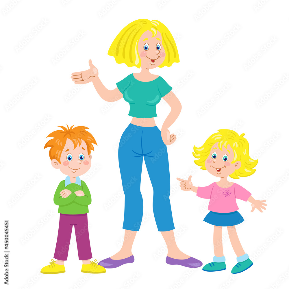 Happy family. Mother, little son and daughter are standing together. In cartoon style. Isolated on white background. Vector flat illustration. Happy family. Mother, little son and daughter are standing together. In cartoon style. Isolated on white background. Vector flat illustration.