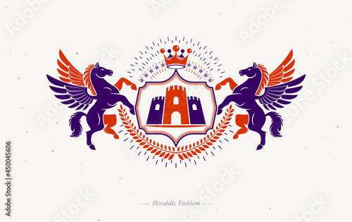 Heraldic coat of arms decorative emblem composed using mythic Pegasus and medieval castle