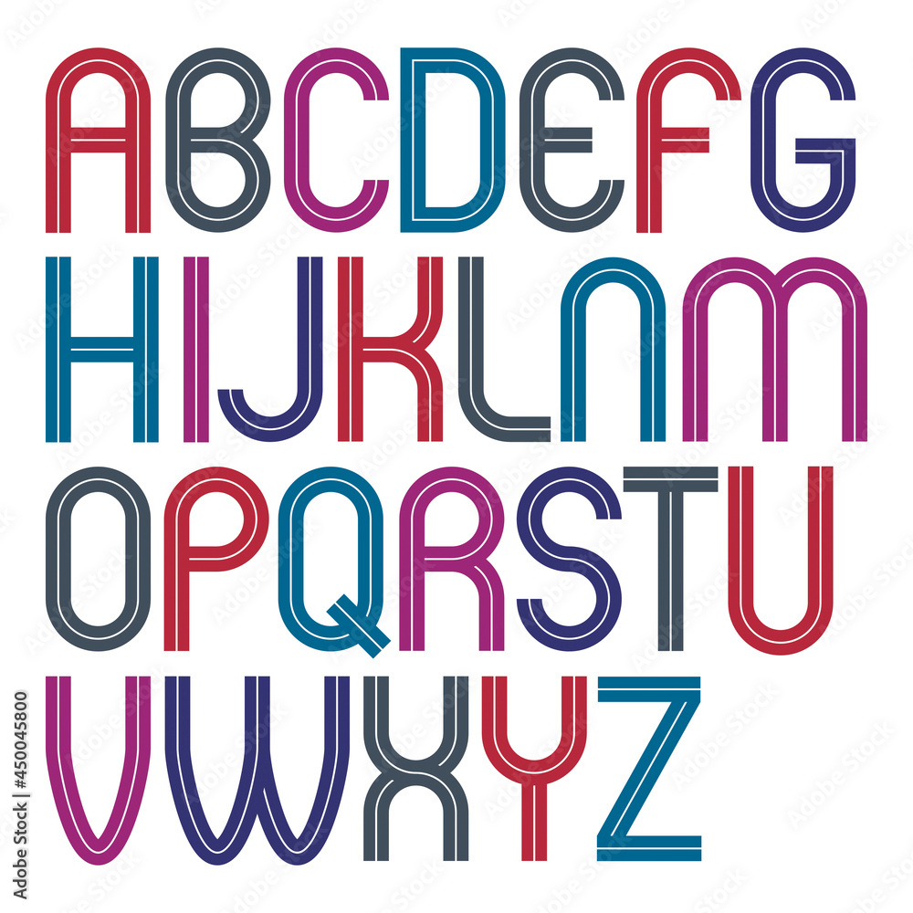 Vector upper case rounded alphabet letters made with white lines, best for use in logotype design in telecommunication theme