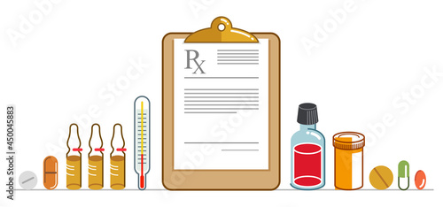 Prescription of medicine concept, different drugs and meds vector flat style illustration isolated over white, advertising banner health care and healing medical theme design, RX.
