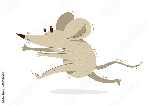Funny cartoon mouse runs fast in a rush vector illustration, hurry late concept, humorous rat cartoon.
