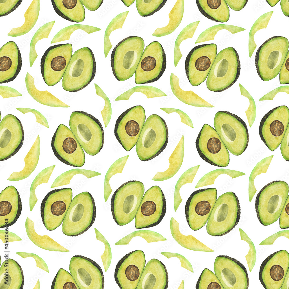 Avocado sliced Hass in seamless pattern on white background. Watercolor hand drawing illustration. Design for wallpaper. Avocado sliced Hass in seamless pattern on white background. Watercolor hand drawing illustration. Design for wallpaper.