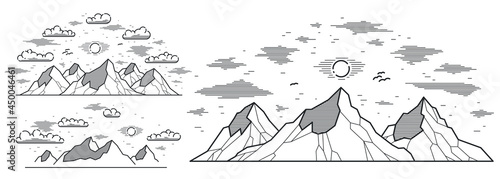 Mountain peaks line art vector illustration isolated on white, linear illustration of mountains range wild nature landscape, outdoor hiking camping ant travel theme.