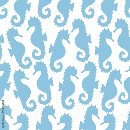 Sea Horse. Silhouette. Repeating vector pattern. Isolated colorless background. Seamless marine ornament. Fish of the order of needle-like. Master of disguise. Ocean dweller. The horse is blue