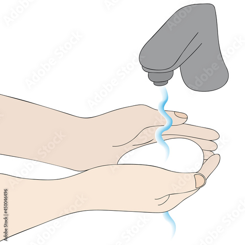 The European woman washes her palms with soap. Colored vector illustration. Water is pouring from the tap. Washing hands under running water. Compliance with hygiene. Isolated white background. 