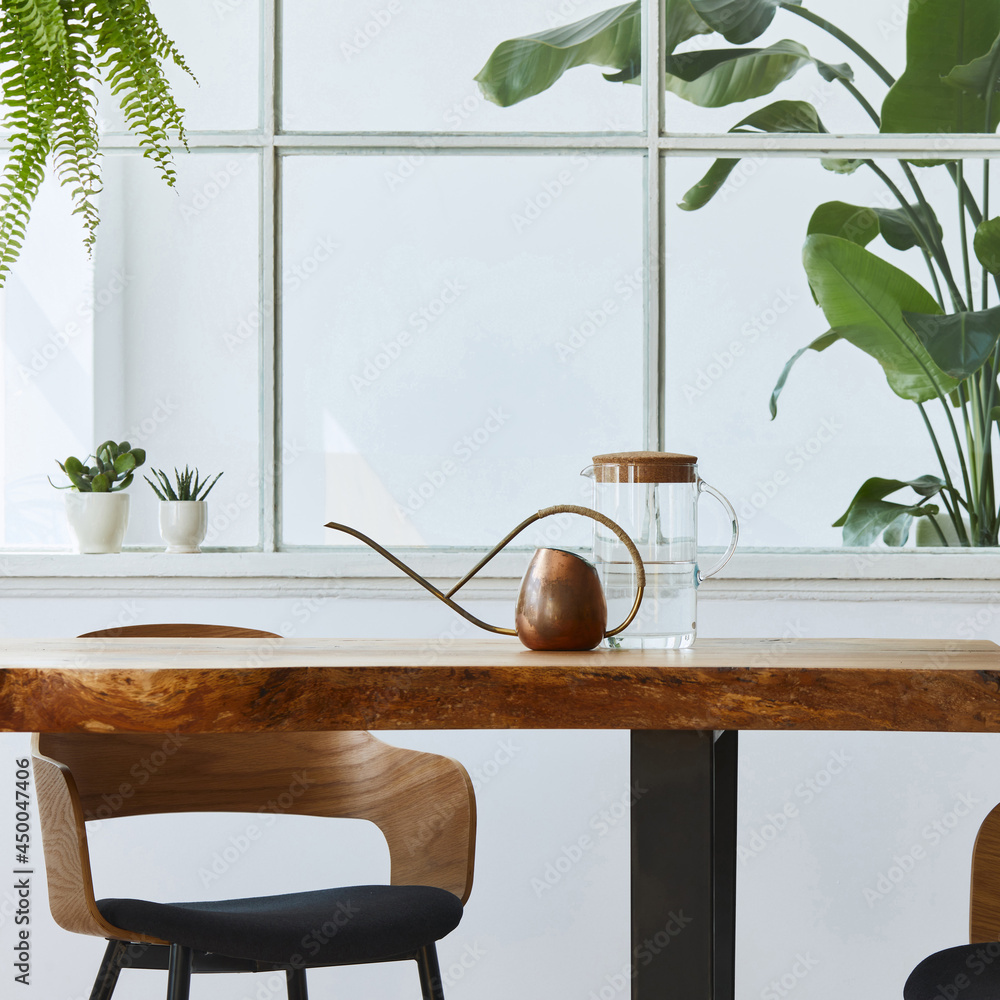 Φωτογραφία Interior design of  dining room with stylish craft wooden family table, chairs, a lof of plants, window, poster map and elegant accessories in modern home decor