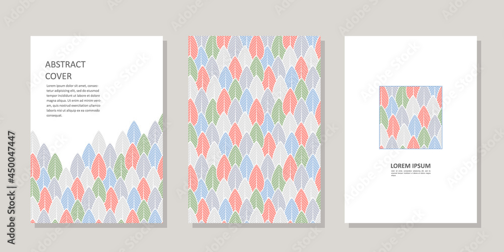 Set of three banners with stylized trees in calm colors on a white background + simless texture. Forests and parks, green spaces. Flat vector illustration.