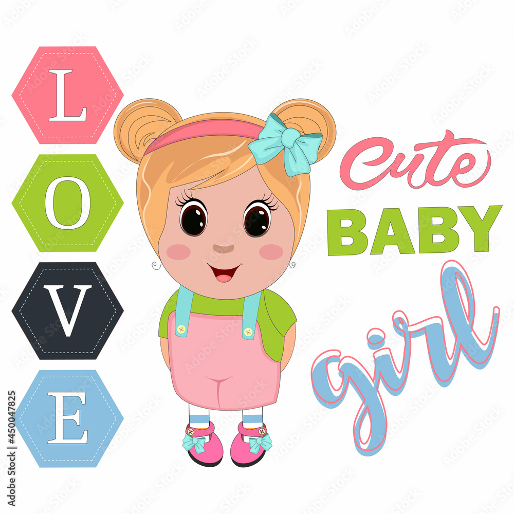 Cute Cartoon beautiful baby girl with text love and cute baby. Perfect for greeting cards, party invitations, posters, stickers, pin, scrapbooking, icons. Cute Cartoon beautiful baby girl with text love and cute baby. Perfect for greeting cards, party invitations, posters, stickers, pin, scrapbooking, icons.