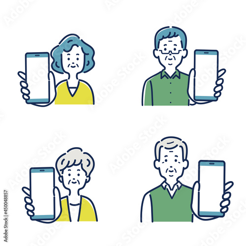 スマホを見せるシニア男女のイラスト素材セット