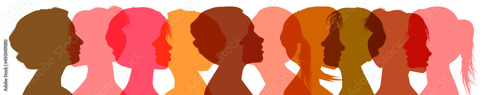 Women communicate. Beautiful multicolored female silhouettes. Profile portraits. Female communication concept. Conversations, business relationships, conversations in the family and between girlfriend