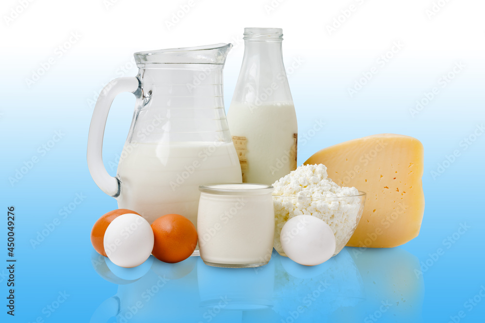 Organic Farm Food, Dairy Product And Eggs Isolated On Blue Background With Reflection. Organic Farm Food, Dairy Product And Eggs Isolated On Blue Background With Reflection.