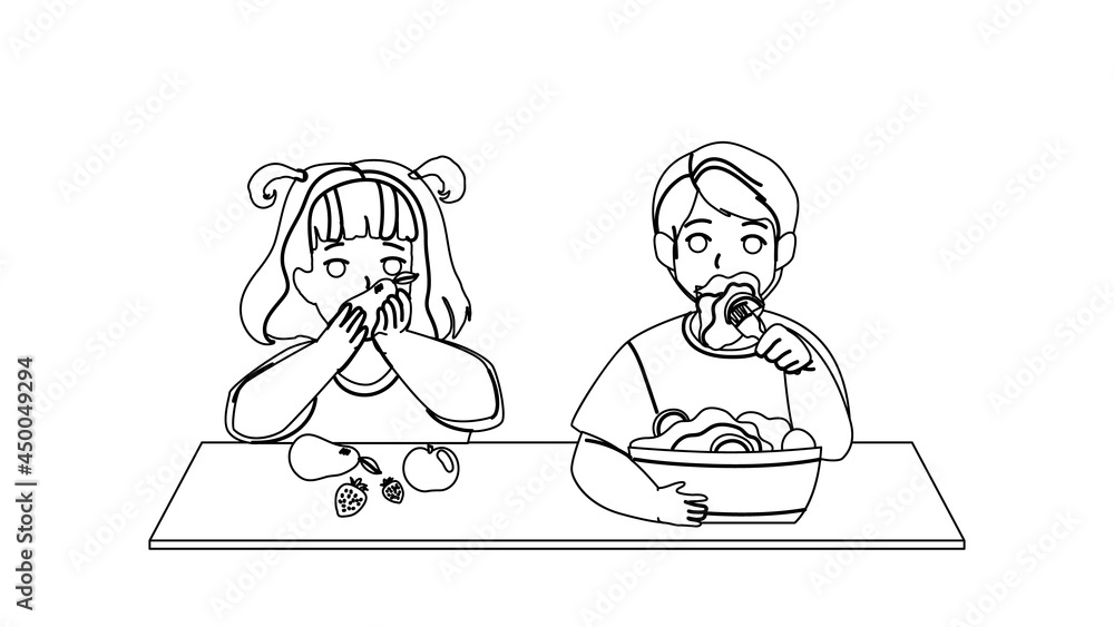 Children Eat Vitamin Fruits And Vegetables Black Line Pencil Drawing Vector. Little Girl Eating Delicious Ripe Apple, Strawberry And Pear, Boy Taste Vitamin Salad. Characters Healthy Food Illustration Children Eat Vitamin Fruits And Vegetables Black Line Pencil Drawing Vector. Little Girl Eating Delicious Ripe Apple, Strawberry And Pear, Boy Taste Vitamin Salad. Characters Healthy Food Illustration