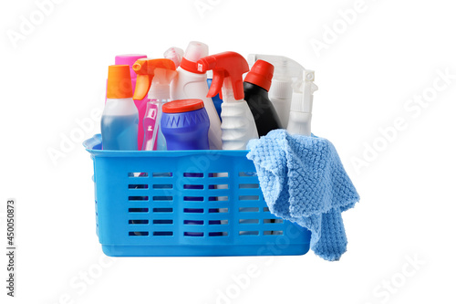 Basket With Cleaning And Washing Supplies With Rag Isolated On White Background. Side View.