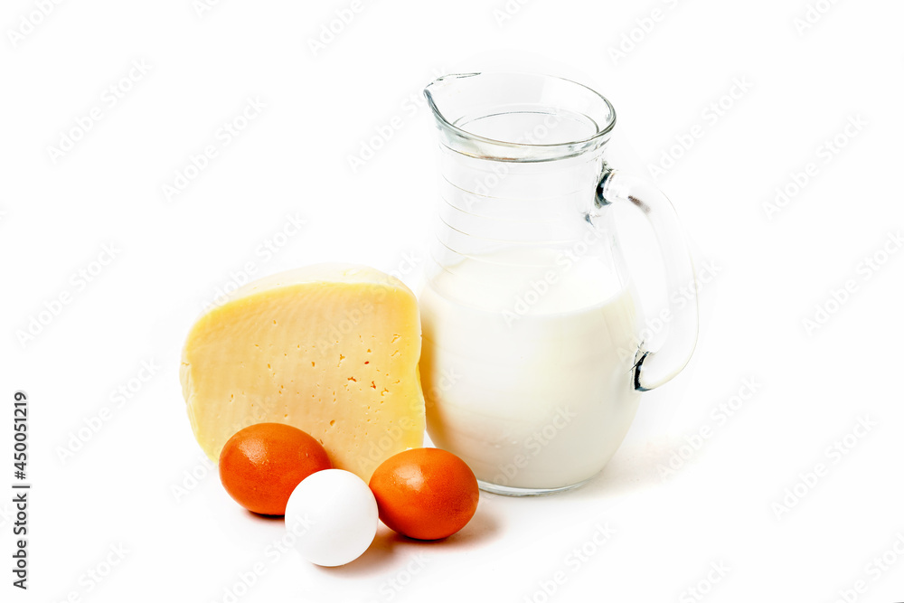 Organic Farm Food, Dairy Product And Eggs Isolated On White Background. 