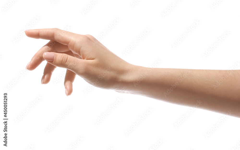 Female hand on white background Female hand on white background