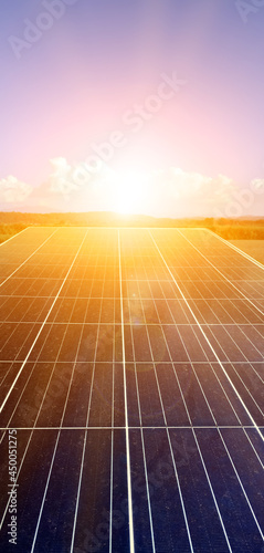 Photovoltaic panel with sunlight at noon background, concept for storing and using the powor from the sunlight with appliances in daily life.