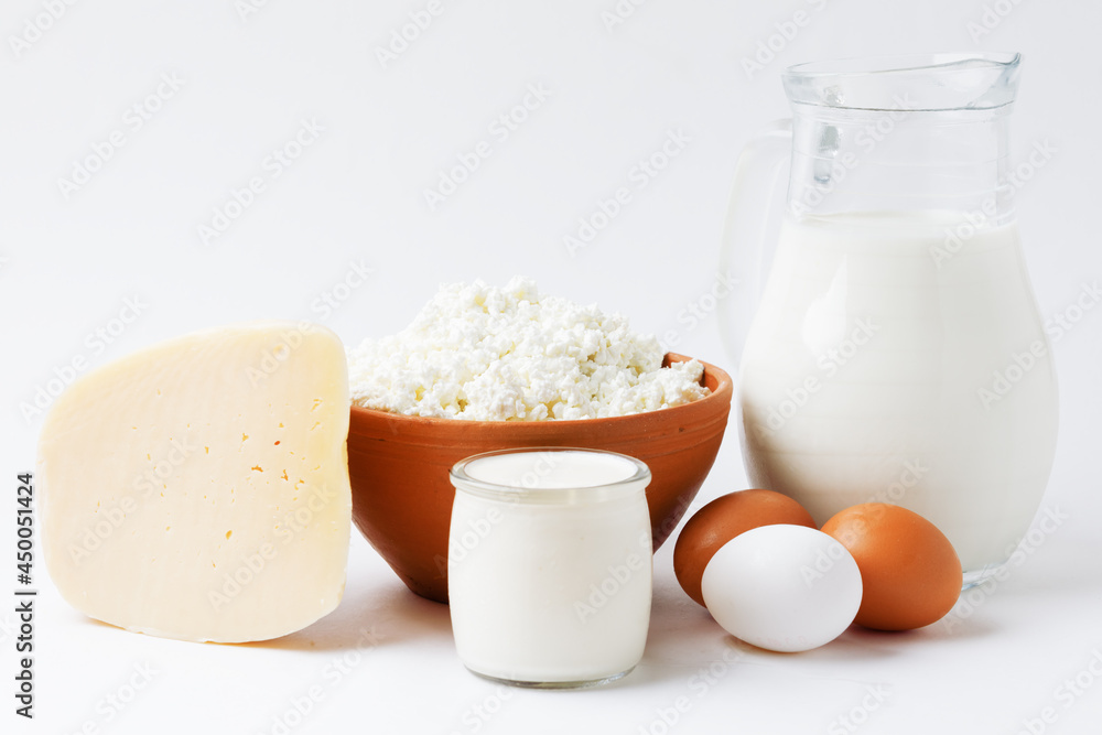 Organic Farm Food, Dairy Product And Eggs Isolated On White Background. Organic Farm Food, Dairy Product And Eggs Isolated On White Background.