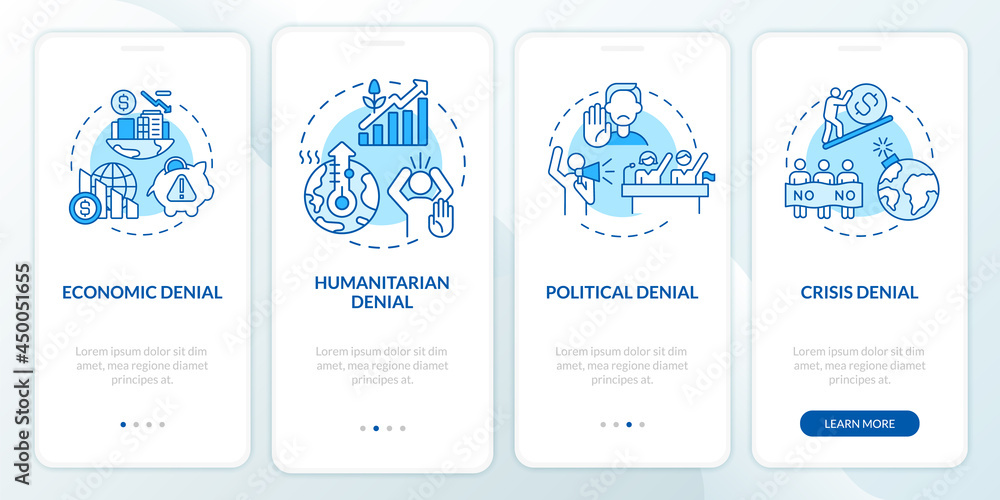 Humanitarian denial onboarding mobile app page screen. Political and economic crisis walkthrough 3 steps graphic instructions with concepts. UI, UX, GUI vector template with linear color illustrations