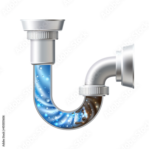 Vector silver drain pipe clog with liquid cleaner