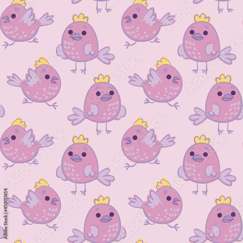 Cute pink birds seamless pattern. Chubby round birds on a delicate purple background. Print for girls, suitable for interiors or invitations or clothing. Vector pattern with chicks