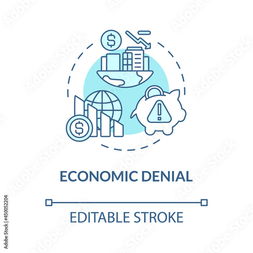Economic denial blue concept icon. Financial problems neglect. Climate change and environmental cost abstract idea thin line illustration. Vector isolated outline color drawing. Editable stroke