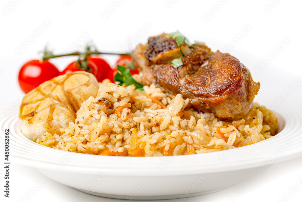 Traditional Pilaf With Lamb Meat And Vegetables Isolated On White Background. Side View, Close Up. Traditional Pilaf With Lamb Meat And Vegetables Isolated On White Background. Side View, Close Up.