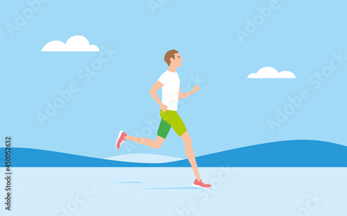 Slim man running outdoor in sportswear and training shoes. jogging outdoor. Vector illustration. 
