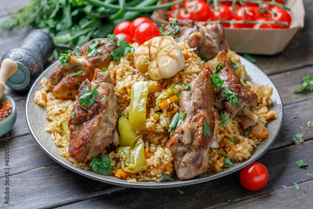Traditional Pilaf With Lamb, Vegetables, Spices On Wooden Background. Side View.