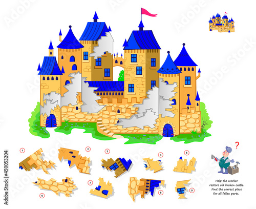 Logic puzzle game for children and adults. Help the worker restore old broken castle. Find the correct place for all parts. Page for kids brain teaser book. Developing spatial thinking. Play online.