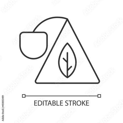 Sachet linear icon. Pyramid shaped package for tea. Whole leaf tea bag. Portion of beverage. Thin line customizable illustration. Contour symbol. Vector isolated outline drawing. Editable stroke